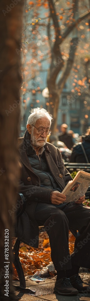 Older man sitting on a bench reading a newspaper in a park Older man sitting on a bench reading a newspaper in a park