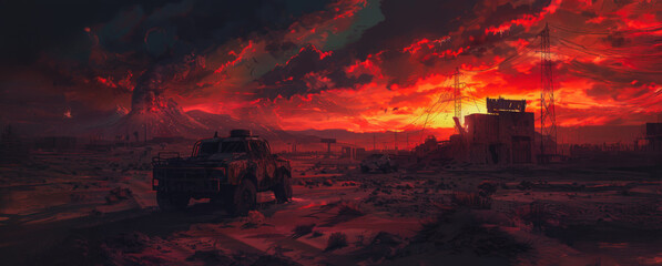 Crédence de cuisine Bordeaux A post-apocalyptic sunset over a desolate landscape with a vehicle  © BraveSpirit