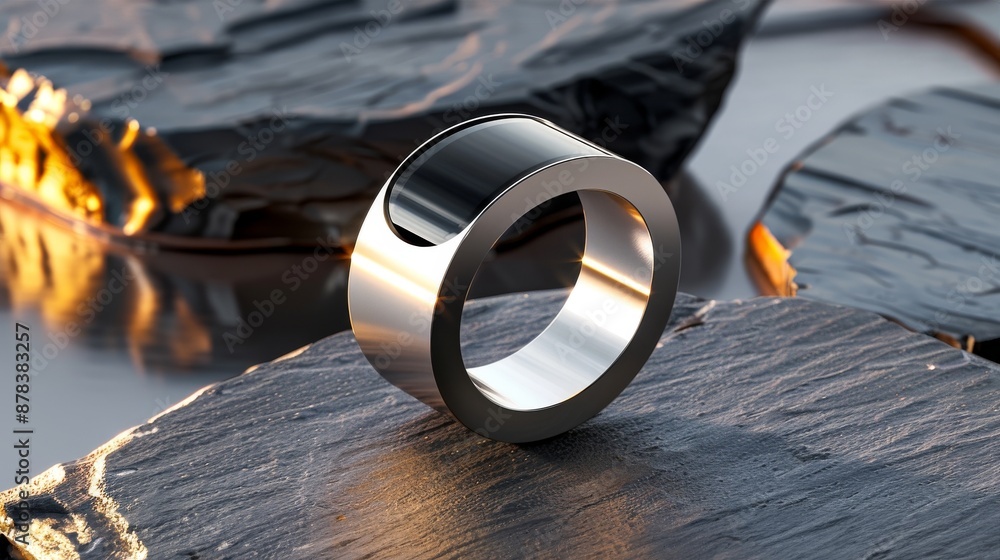 A sleek silver ring with a black display sits on a textured stone surface. The lighting highlights the ring's design and creates a sense of mystery. A sleek silver ring with a black display sits on a textured stone surface. The lighting highlights the ring's design and creates a sense of mystery.