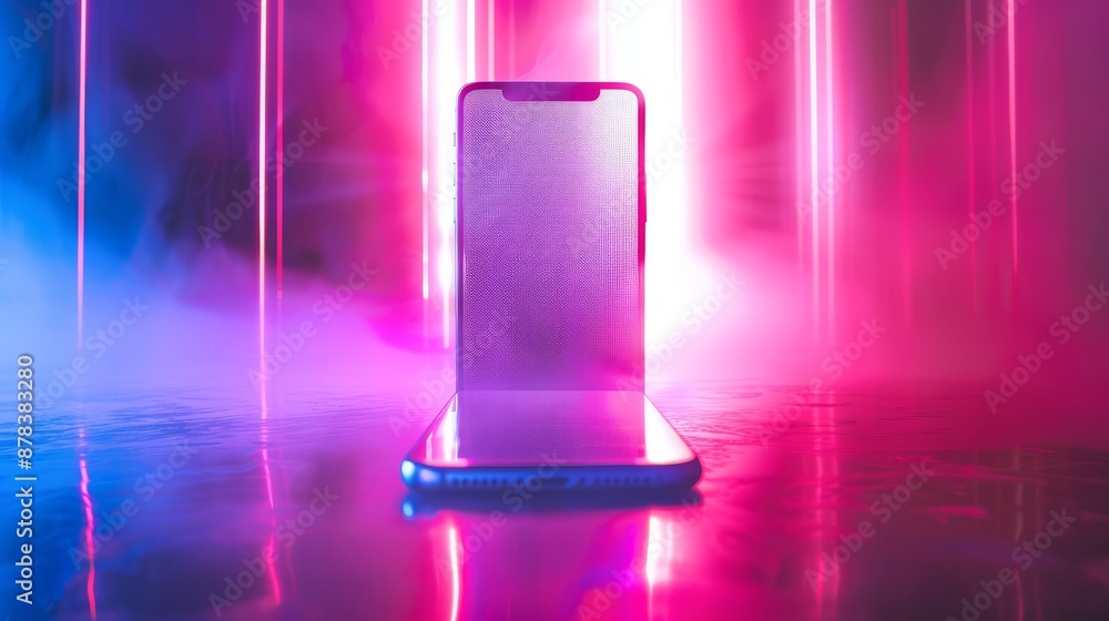 A sleek smartphone stands in a futuristic setting bathed in vibrant pink and blue neon lights. Smoke adds a dramatic touch. A sleek smartphone stands in a futuristic setting bathed in vibrant pink and blue neon lights. Smoke adds a dramatic touch.