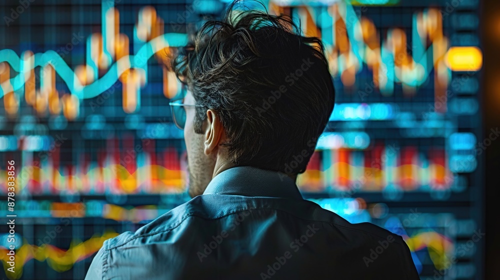 Businessman Analyzing Financial Data on a Large Screen Businessman Analyzing Financial Data on a Large Screen