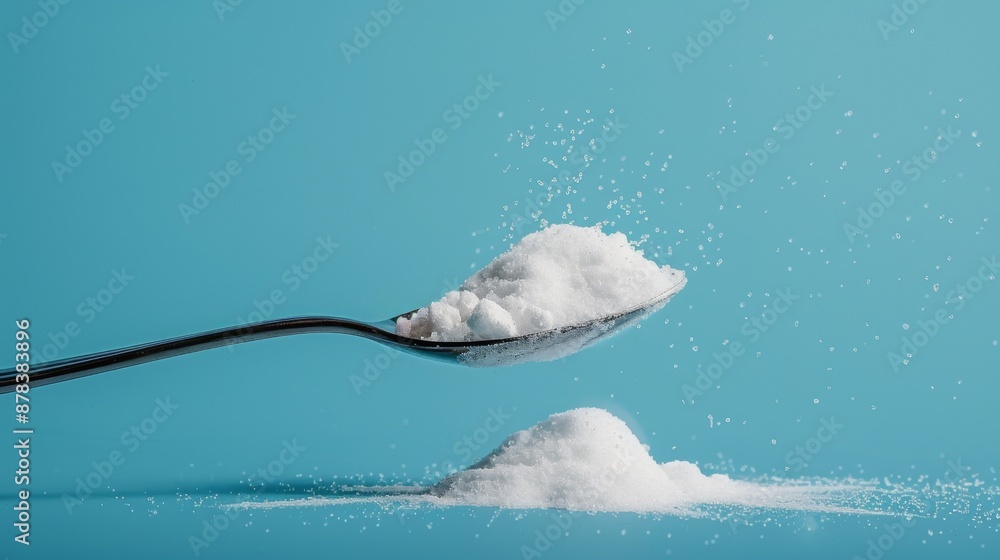Naklejka premium A spoonful of white powder against a blue background, with a small pile of the powder already on the surface.