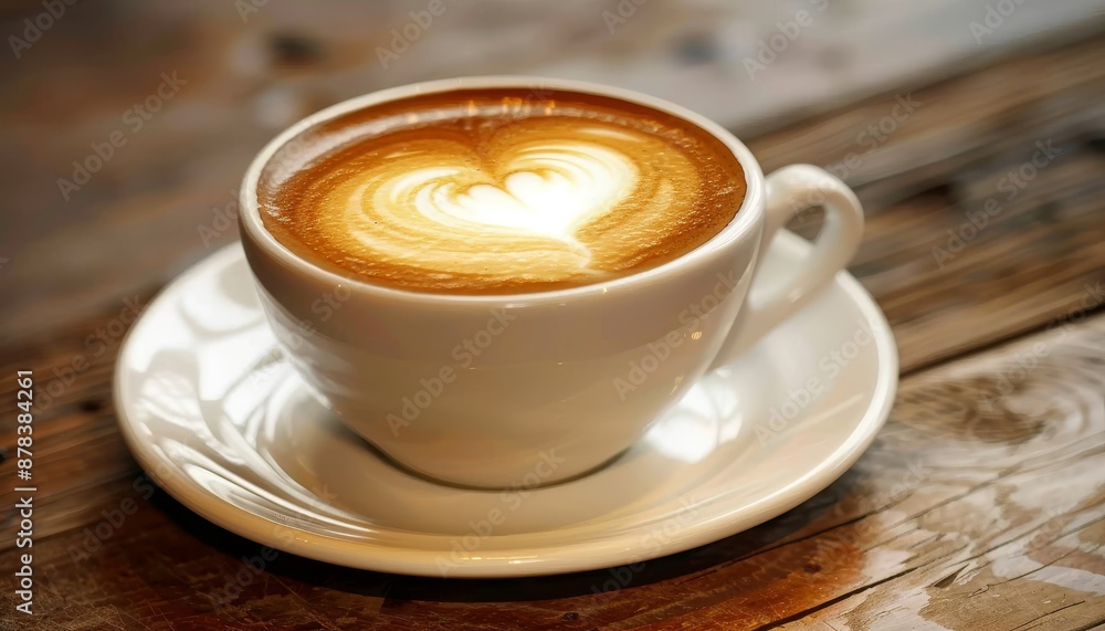 A steaming cup of latte with heart-shaped latte art on a rustic wooden table. A steaming cup of latte with heart-shaped latte art on a rustic wooden table.