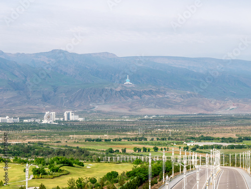 Landscape of Ashgabat with Alam Center and Turkmenistan TV Tower seen in the distance