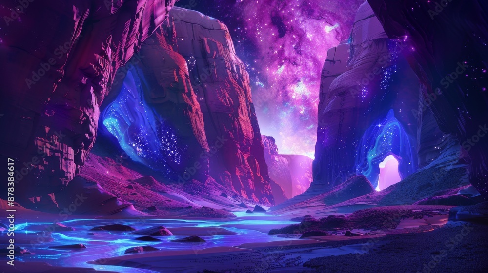 A surreal, otherworldly landscape with glowing purple and blue crystals, a glowing river, and rock formations. A surreal, otherworldly landscape with glowing purple and blue crystals, a glowing river, and rock formations.