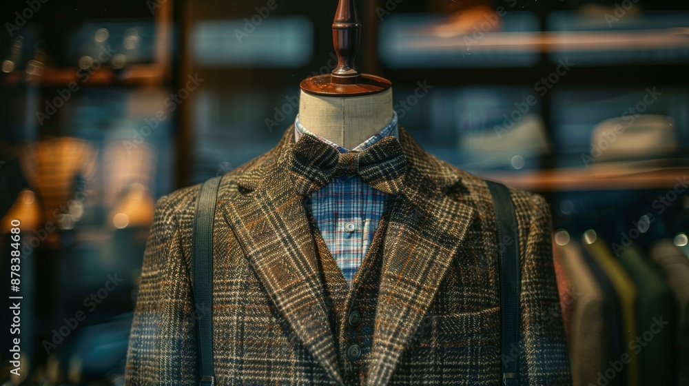 Fototapeta premium A tailored plaid suit jacket with bowtie on a mannequin in a retail store.