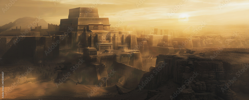 Fototapeta premium Ancient city view with distant mountain and setting sun