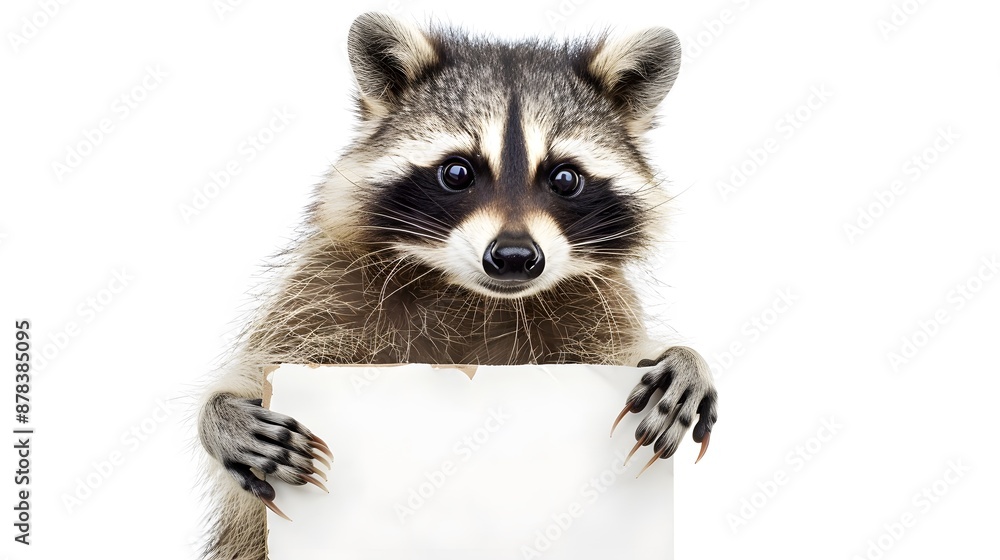 Obraz premium Raccoon with a Blank Sign: A curious raccoon standing on its hind legs, holding a blank sign with its front paws. realistically 