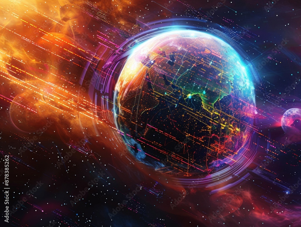A vibrant and futuristic depiction of Earth in space, with swirling neon lights and streaks of energy. A vibrant and futuristic depiction of Earth in space, with swirling neon lights and streaks of energy.