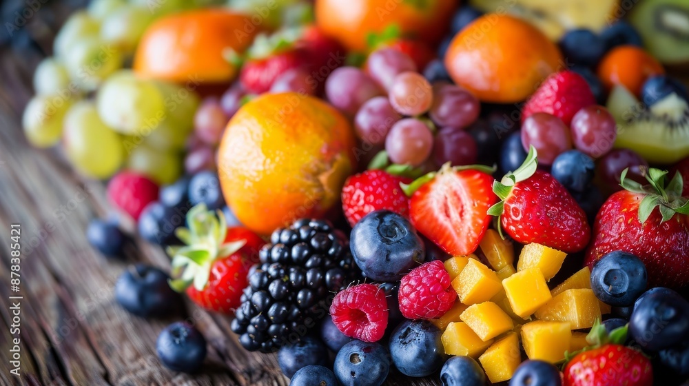 A vibrant assortment of fresh fruits, including berries, grapes, and citrus, arranged on a rustic wooden surface. A vibrant assortment of fresh fruits, including berries, grapes, and citrus, arranged on a rustic wooden surface.