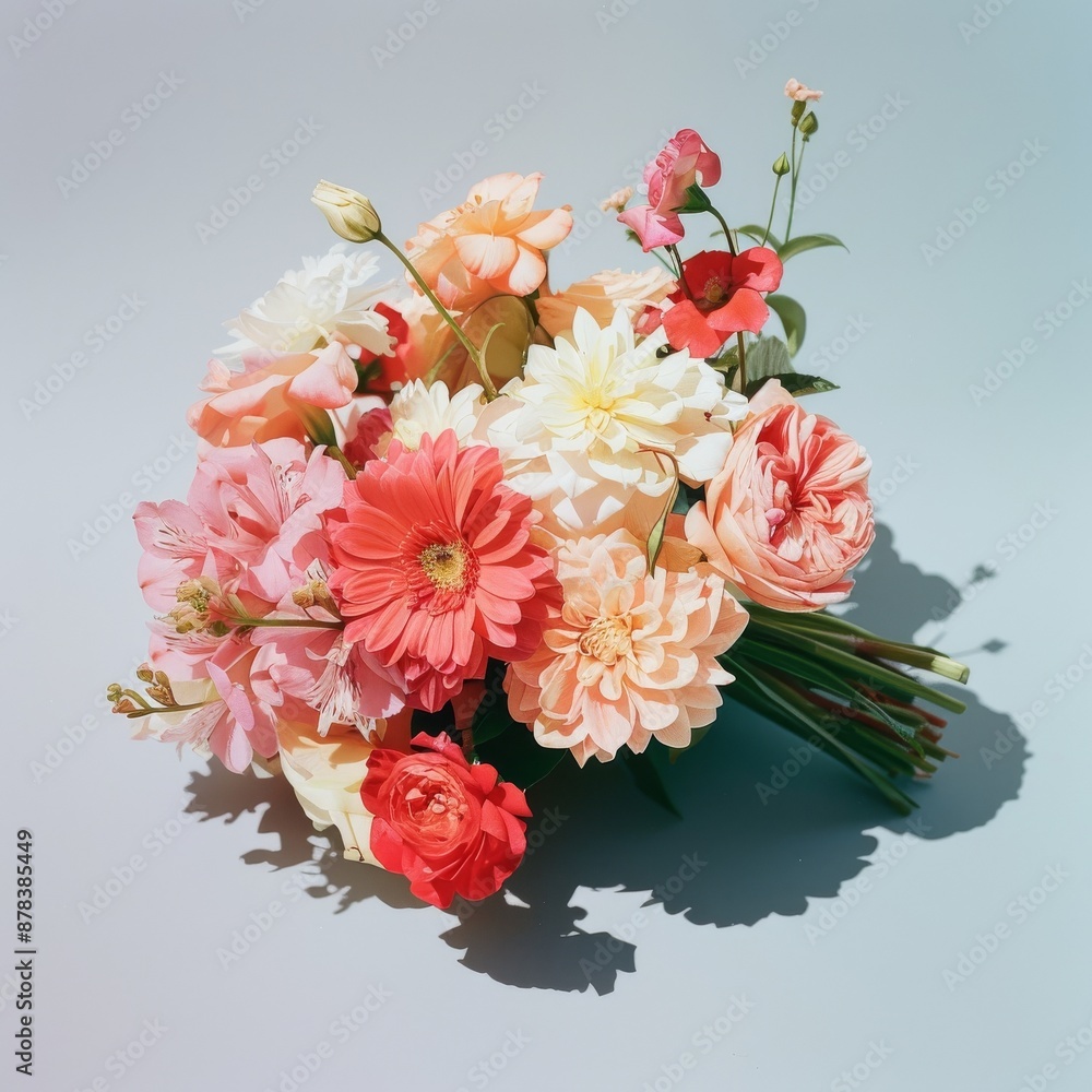 A vibrant bouquet of pink, white, and orange flowers with green stems against a light blue background. A vibrant bouquet of pink, white, and orange flowers with green stems against a light blue background.