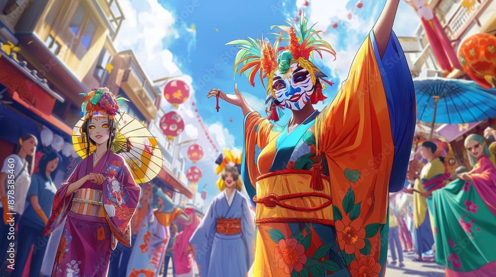 Obraz premium Dead Celebrate Festival Walk on street, anime
