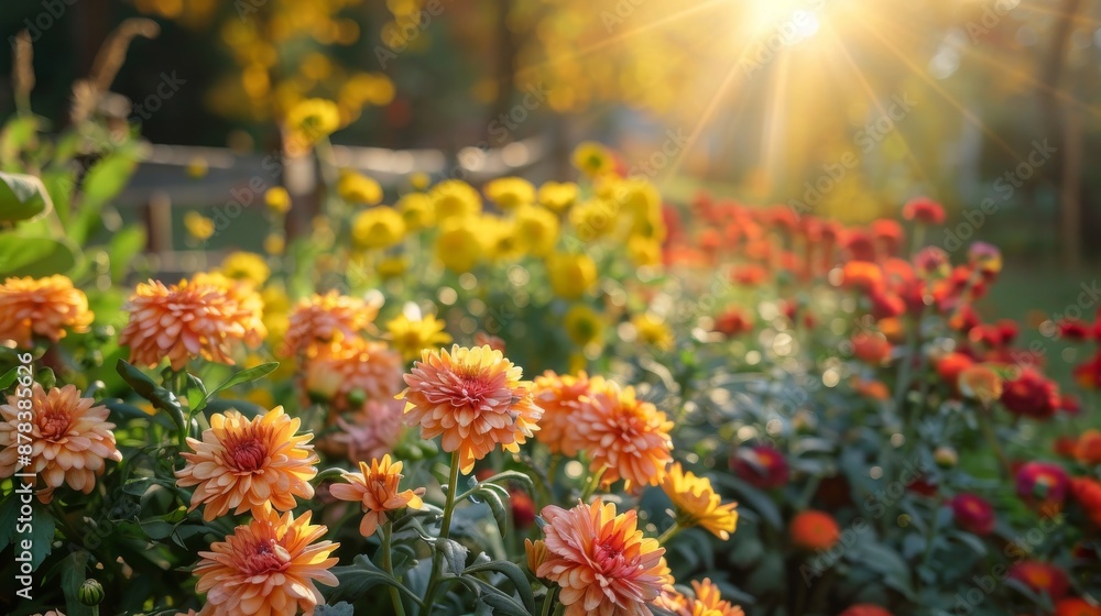 Obraz premium A vibrant field of yellow and orange flowers bathed in warm sunlight. The sun rays create a beautiful glow. A perfect image for autumn or nature themes.