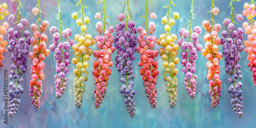 Fototapeta Naklejka Na Ścianę i Meble -  Elegant colorful with vibrant flower hanging branches illustration background. Bright color 3d abstraction wallpaper for interior mural, Generated by AI	