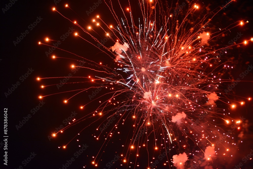 A vibrant red and orange firework display explodes against a dark night sky. The sparks create a dazzling, starburst pattern. A vibrant red and orange firework display explodes against a dark night sky. The sparks create a dazzling, starburst pattern.