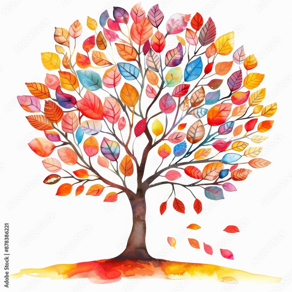 Fototapeta premium A vibrant watercolor illustration of a tree with colorful leaves, depicting the beauty of autumn.
