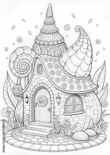 Wallpaper Mural Coloring book for adult and older children. Coloring page with fairy house in the garden. Torontodigital.ca