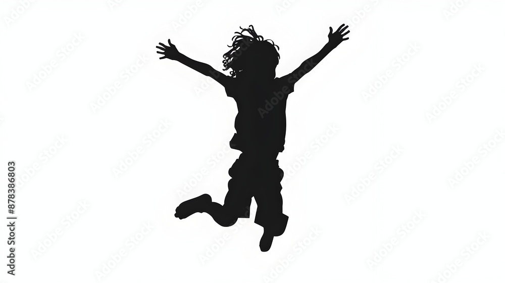 Joyful Silhouette of a Leaping Child against White Background Joyful Silhouette of a Leaping Child against White Background