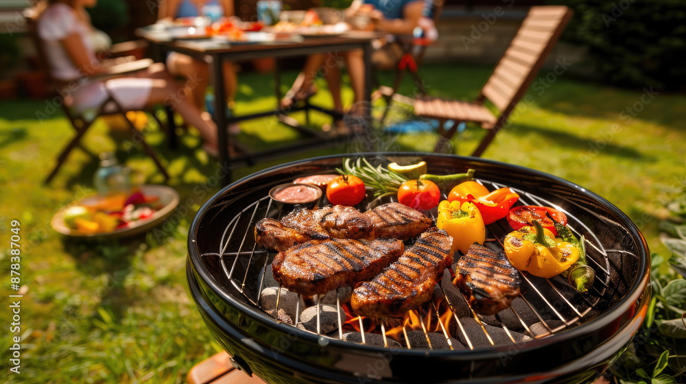 Barbecue grill with meat and vegetables on a table in a garden during a picnic party Barbecue grill with meat and vegetables on a table in a garden during a picnic party