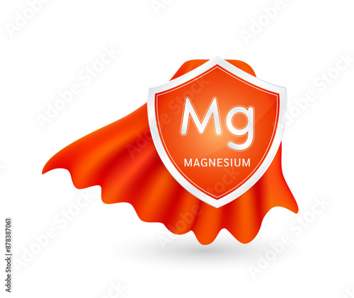 Magnesium minerals in shield knight red cloak. Vitamins essential protect build immunity healthy. For ads dietary supplements medical and pharmacy. Vector EPS10 illustration.