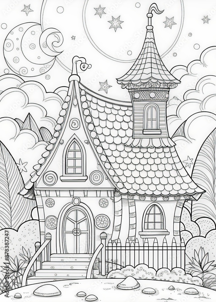 Naklejka premium Coloring book for adult and older children. Coloring page with fairy house in the garden.