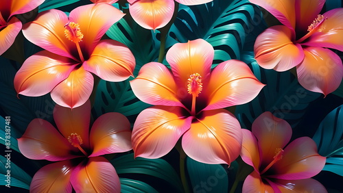 Bright pink and orange hibiscus flowers with tropical green leaves in tropical background.