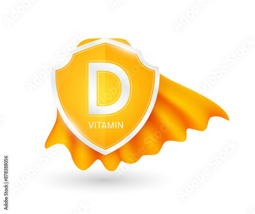 Vitamin D plus in shield knight orange cloak. Protect and build immunity healthy. Vitamins minerals essential. For ads dietary supplements medical pharmacy. Vector EPS10 illustration.