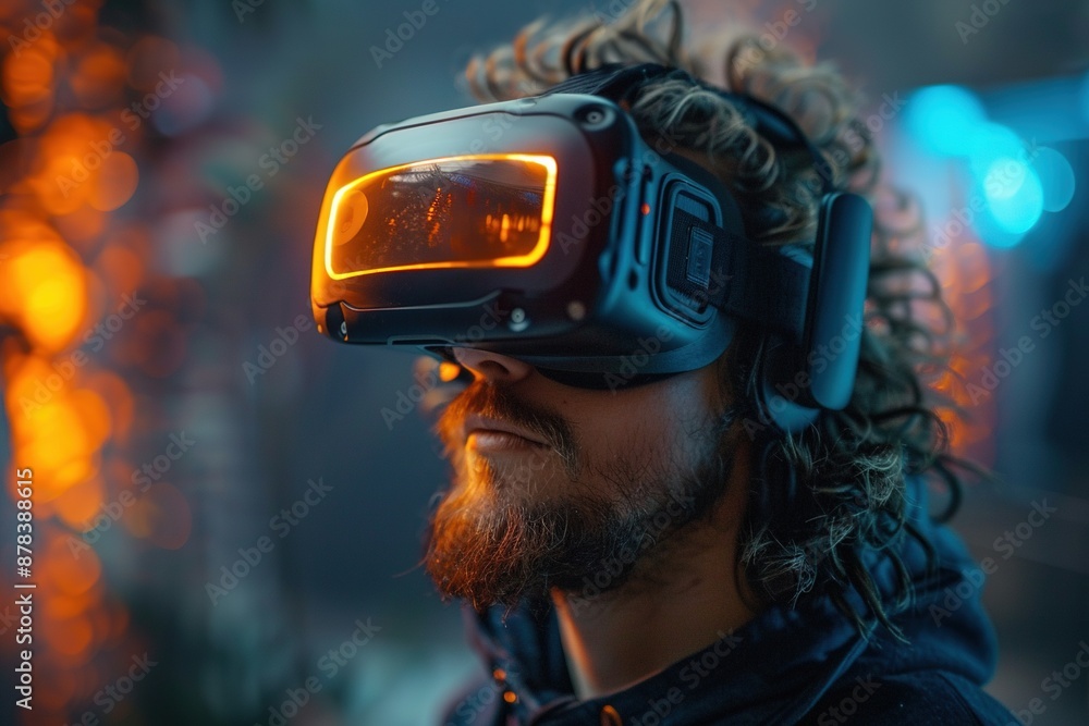 A man wearing a virtual reality headset is looking at a screen A man wearing a virtual reality headset is looking at a screen