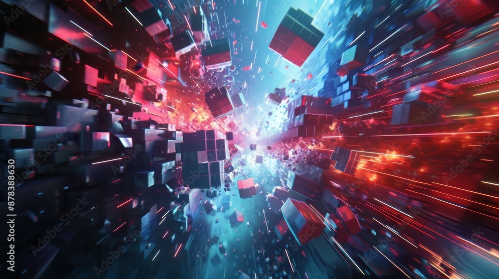Abstract 3D digital art with glowing neon cubes and light streaks in a blue and red color scheme. Abstract 3D digital art with glowing neon cubes and light streaks in a blue and red color scheme.
