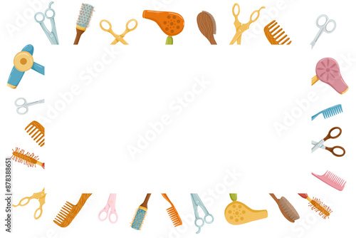 Hairdressing tools square frame. Retro hair dryers, hairbrushes, scissors. Cartoon hand drawn vector  illustration. White background. Place for text. Cute print design for beauty salon.