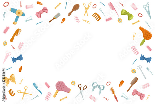 Hairdressing tools square frame. Retro hair dryers, hairbrushes, scissors. Cartoon hand drawn vector  illustration. White background. Place for text.  Cute print design for beauty salon.