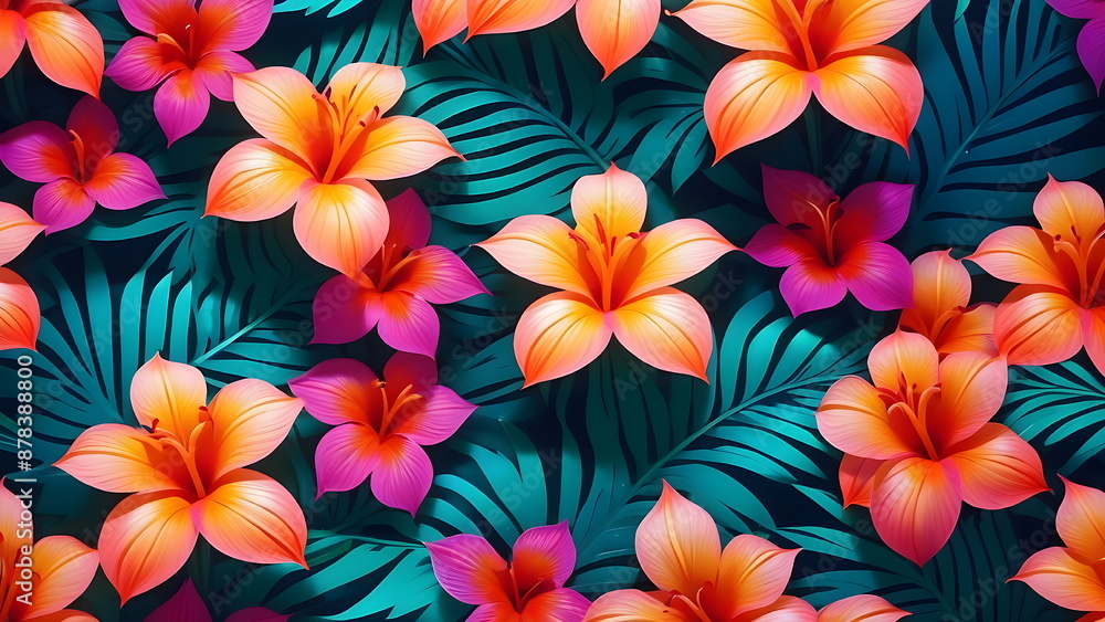 Tropical Flower Pattern Background with Pink and Orange Lilies and Green Palm Leaves. Abstract Floral Design Concept for Summer Vacation, Spa, and Wellness. Tropical Flower Pattern Background with Pink and Orange Lilies and Green Palm Leaves. Abstract Floral Design Concept for Summer Vacation, Spa, and Wellness.