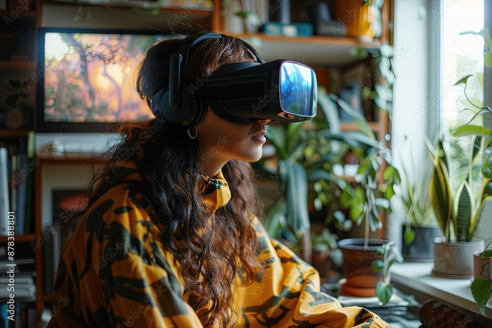A woman wearing a yellow shirt and a virtual reality headset A woman wearing a yellow shirt and a virtual reality headset