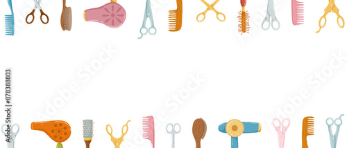 Hairdressing tools horizontal frame. Retro hair dryers, hairbrushes, scissors. Cartoon hand drawn vector  illustration. Clipping mask. White background. Place for text. Print design for beauty salon.