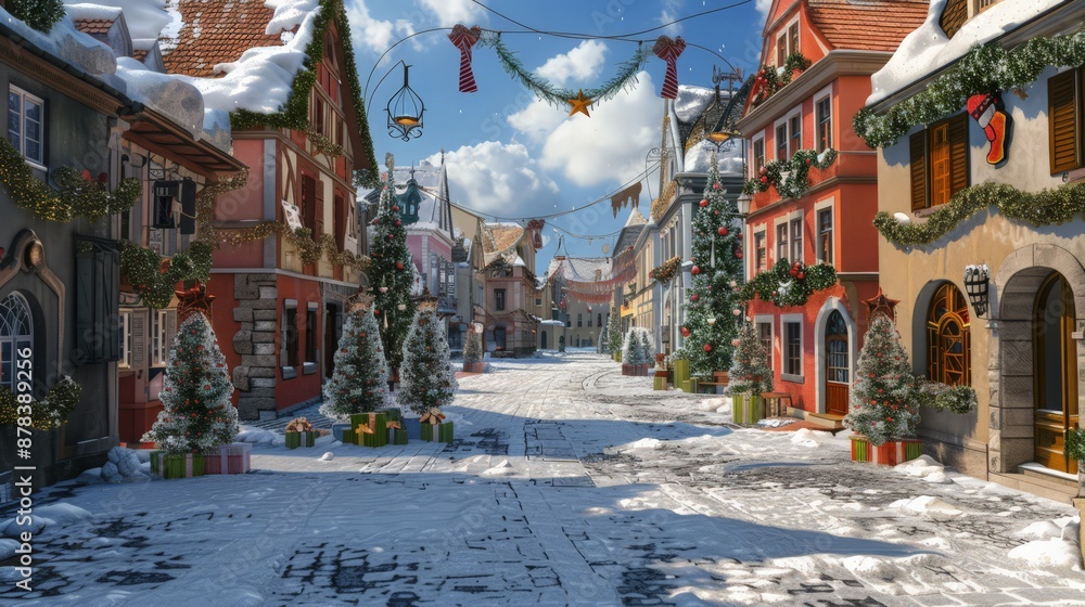 Obraz premium European village square adorned with festive Christmas decorations