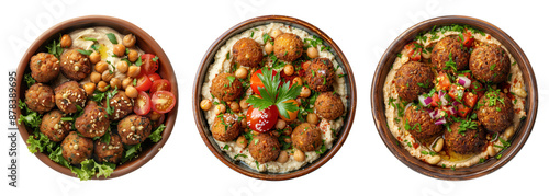 Three bowls of delicious falafel served with hummus and garnished with fresh vegetables. Perfect for vegetarian and Middle Eastern cuisine lovers. photo