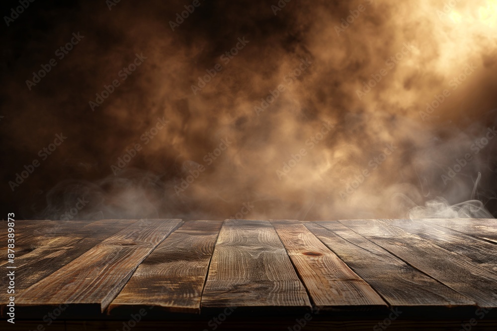 Warm smoke drifts over a rustic wooden table, enhancing the spooky, illuminated setting Warm smoke drifts over a rustic wooden table, enhancing the spooky, illuminated setting