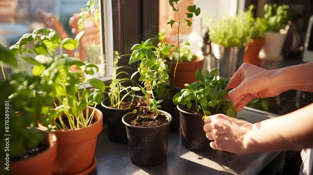 Gardening Indoors: Hands planting a small herb garden in pots on a kitchen windowsill.
Gardening Indoors: Hands planting a small herb garden in pots on a kitchen windowsill.