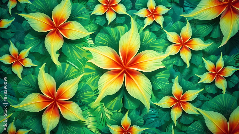 Fototapeta premium Tropical flower pattern, bright and vibrant colors with green leaves
