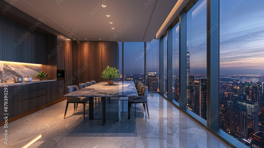 Fototapeta premium A modern dining room with an oversized panoramic window overlooking the cityscape and a sleek marble table