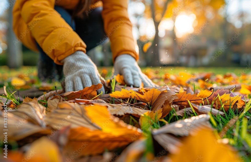 A woman in a yellow jacket and white gloves rakes autumn leaves on a green lawn A woman in a yellow jacket and white gloves rakes autumn leaves on a green lawn
