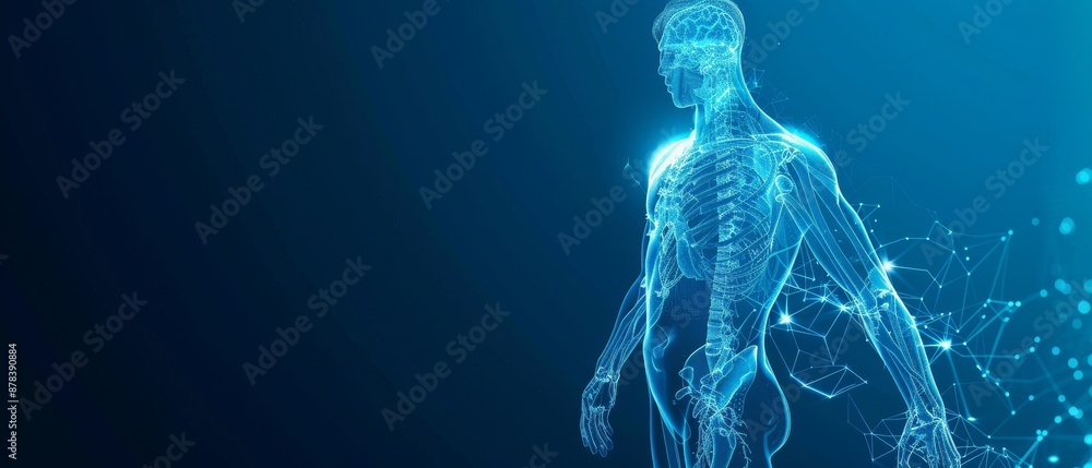 Abstract digital rendering of a glowing blue human figure. Abstract digital rendering of a glowing blue human figure.