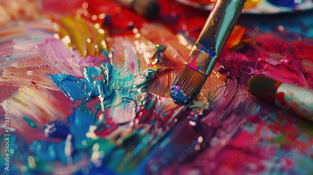 Painting on Canvas: Close-up of a paintbrush applying vibrant colors to a canvas, with paint tubes and a palette nearby.
Painting on Canvas: Close-up of a paintbrush applying vibrant colors to a canvas, with paint tubes and a palette nearby.