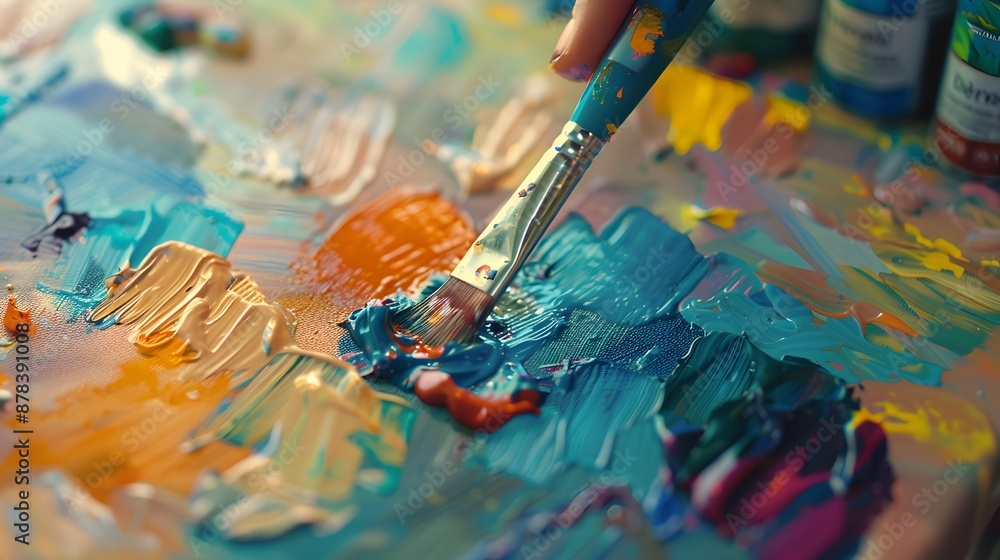 Painting on Canvas: Close-up of a paintbrush applying vibrant colors to a canvas, with paint tubes and a palette nearby.
Painting on Canvas: Close-up of a paintbrush applying vibrant colors to a canvas, with paint tubes and a palette nearby.