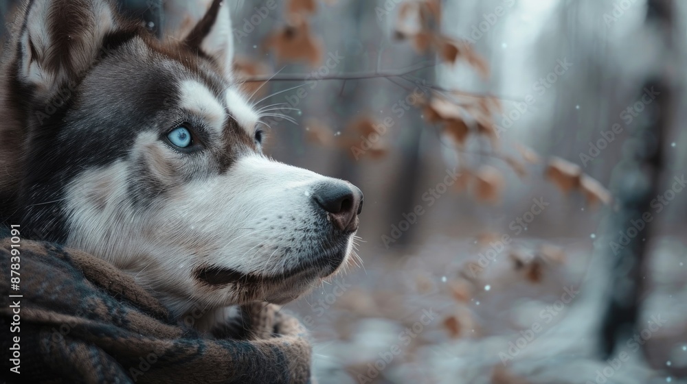Close up of a Husky dog in a forest with blue eyes and scarf Close up of a Husky dog in a forest with blue eyes and scarf