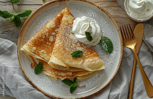 Two crepes topped with white cream arranged elegantly on a plate