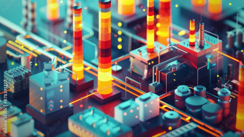 Obraz premium Abstract futuristic cityscape with glowing industrial structures and complex network of pipes.