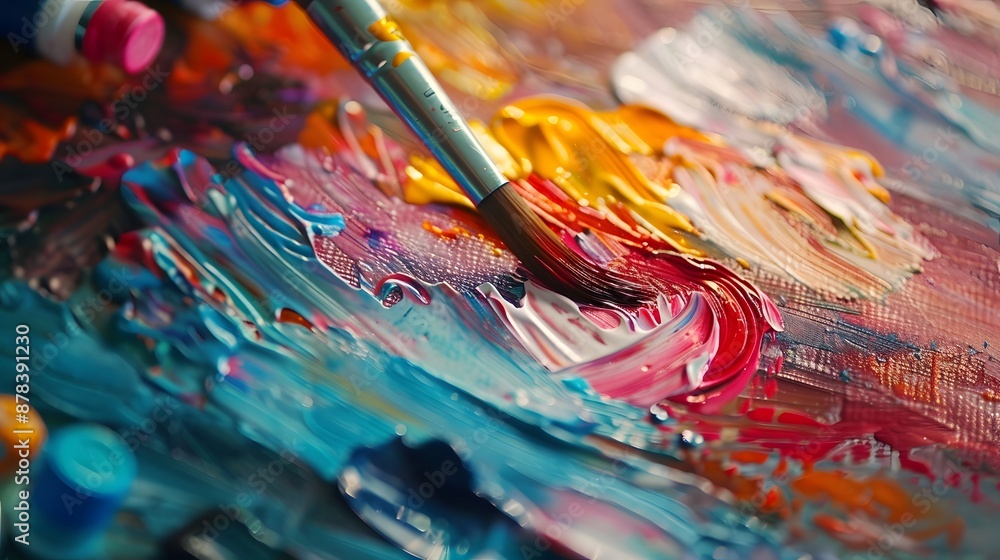 Fototapeta premium Painting on Canvas: Close-up of a paintbrush applying vibrant colors to a canvas, with paint tubes and a palette nearby. 