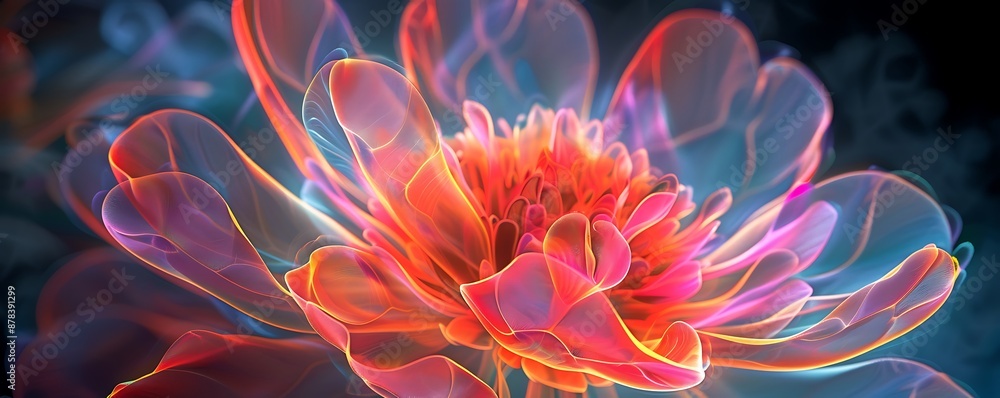 neon flower with bright orange and magentpetals each one outlined with soft glow creating radiant effect that contrasts beautifully with the dark backdrop. neon flower with bright orange and magentpetals each one outlined with soft glow creating radiant effect that contrasts beautifully with the dark backdrop.