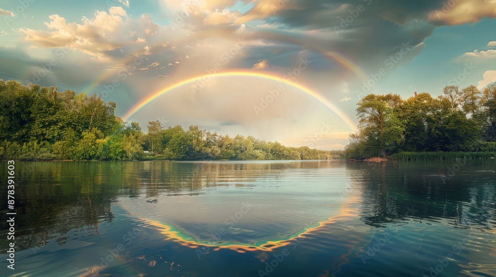 rainbow arches over a quiet village by the sea, its colors adding a touch of magic to the scene. rainbow arches over a quiet village by the sea, its colors adding a touch of magic to the scene.